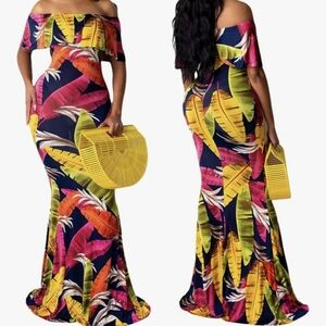 Tropical Maxi Dress for Women Sexy Off The Shoulder  Size Small